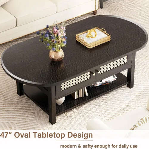 Miniatura 5 de LVB Mesa de centro de ratán, mesa de sala de estar de madera bohemia con almacenamiento, mesa de té de cóctel ovalada moderna de 2 niveles con Roble