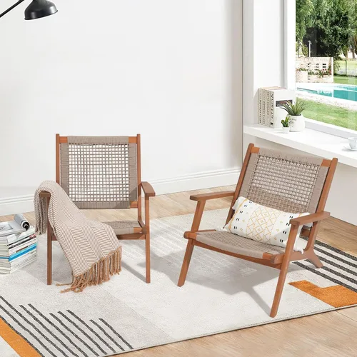 Miniatura 9 de Verano Garden Juego de 2 sillas de patio, sillón moderno de madera de acacia con cuerda tejida a mano para patio, sala de estar, dormitorio, balcón