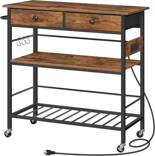 Miniatura 12 de HOOBRO Isla de cocina con almacenamiento, carrito de isla rodante para cocina con 2 cajones y tomacorriente, estación de café de 3 niveles y soporte