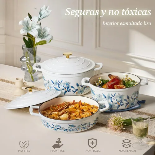Miniatura 3 de CAROTE Sartén de hierro fundido esmaltado de 3.5 cuartos de galón, sartenes florales poco profundas para horno holandés, olla de hierro fundido