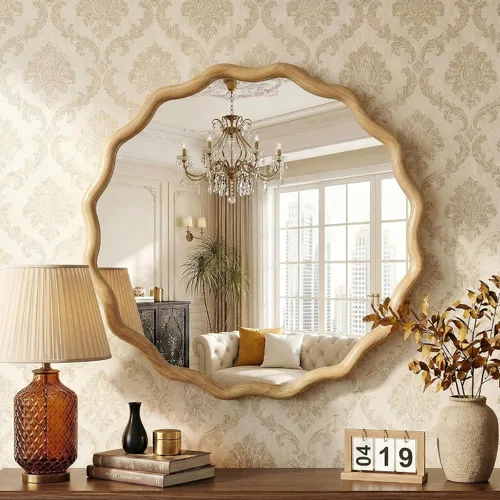 Miniatura 6 de Espejo de baño para pared, 24 pulgadas, redondo, bohemio, ondulado, de madera, espejo decorativo grande de cuerpo entero con vidrio templado, espejo