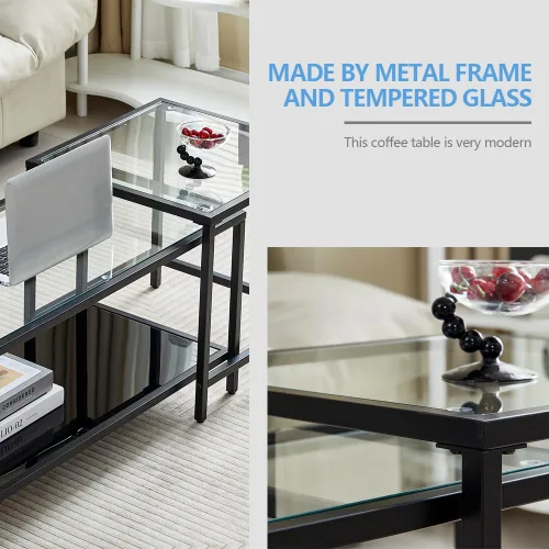 Miniatura 5 de Mesa de centro de cristal de metal negro, mesa de centro simple para sala de estar, hogar, mesa de centro con marco de metal con 2 estantes, mesa