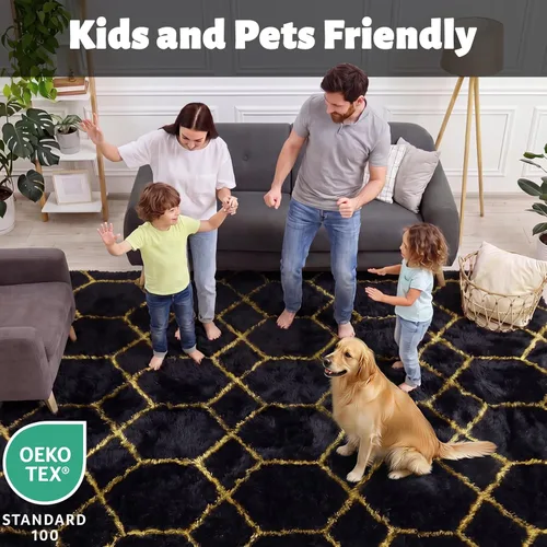 Miniatura 3 de ONASAR Alfombras de 5 x 8 pies para sala de estar, dormitorio, alfombra de área lavable esponjosa negra y dorada, alfombra geométrica bohemia de 2