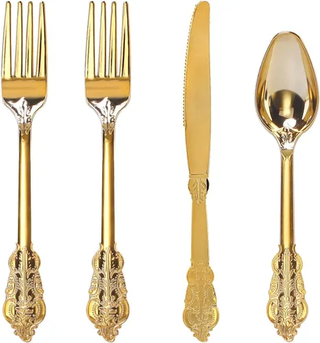 Miniatura 13 de WDF 180 cubiertos de plástico plateado – cubiertos de plástico plateado – cubiertos de plástico elegante resistente – 60 tenedores, 60 cuchillos, 60