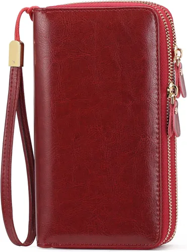 Miniatura 7 de SENDEFN Carteras de cuero para mujer, bloqueo RFID, doble cremallera alrededor del tarjetero de crédito, gran capacidad, 1-cera-vino tinto, Moderno