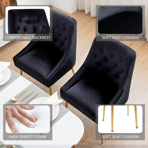 Miniatura 4 de Juego de 2 sillas de comedor modernas, sillas de comedor tapizadas de mediados de siglo, sillas de comedor de terciopelo con patas doradas para Negro