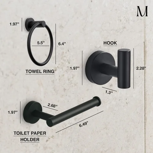 Miniatura 5 de Marmolux Acc - Juego de accesorios de baño de 3 piezas con soporte para papel higiénico negro mate, anillo para toallas y gancho para toallas