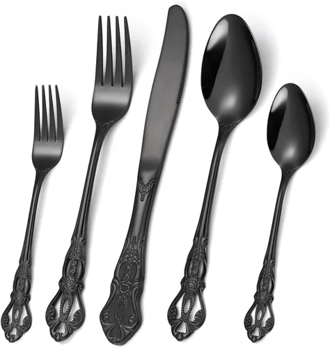 Miniatura 25 de Juego de cubiertos dorados de 20 piezas con tenedor para pastel, juego de cubiertos de acero inoxidable para 4, utensilios de cocina con mango