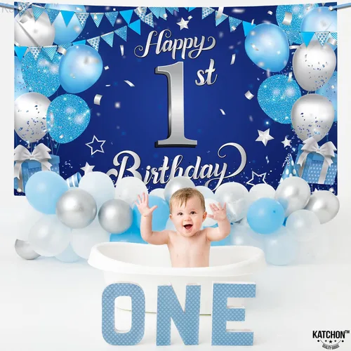 Miniatura 4 de KatchOn, Cartel de feliz primer cumpleaños para niño, 72 x 44 pulgadas, Xtralarge, telón de fondo azul y plateado para el primer cumpleaños