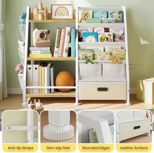 Miniatura 5 de Estantería infantil y organizador de almacenamiento de juguetes: estante para libros para habitación de niños con cajón para almacenar libros