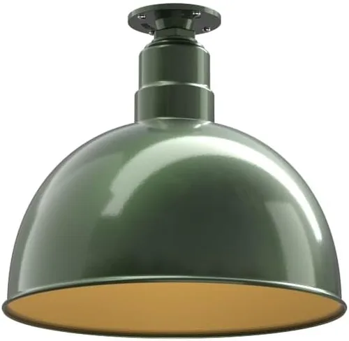 Miniatura 74 de Steel Lighting Co. Colgante de cuenco rosa Lámpara montada en el techo Cúpula de 15 pulgadas vástago de 12 pulgadas Estilo granero de acero