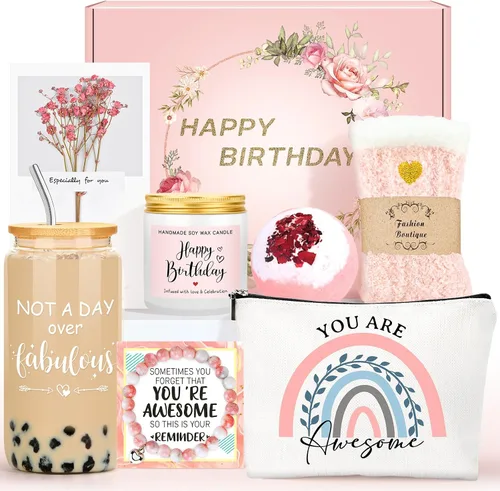 Miniatura 10 de Regalos de cumpleaños para mujeres, cestas de regalo de feliz cumpleaños para mujeres, tazas únicas con texto en inglés "Not A Day Over Fabulous
