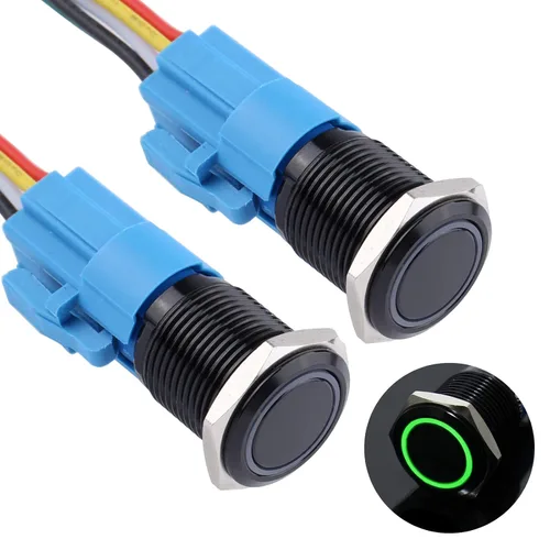 Miniatura 17 de 2 piezas de interruptor de botón de presión momentáneo de 16 mm 12V-24V LED de anillo 1NO 1NC impermeable (ON)-Apagado Cáscara de botón de metal