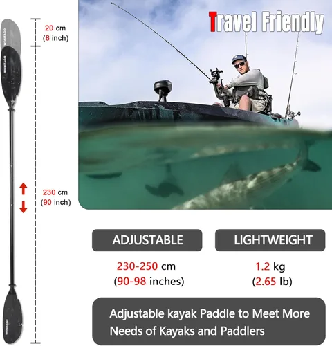 Miniatura 4 de Remos de kayak para pescadores, remo de aluminio con palas de plástico y correa de remo, remos flotantes ajustables para kayak de pesca, 3 piezas