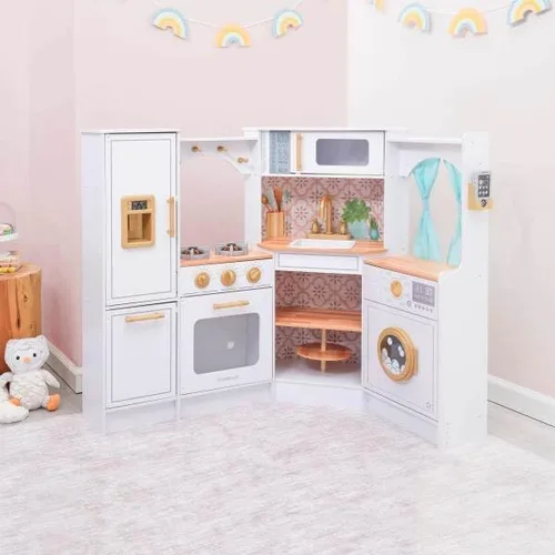 Miniatura 3 de KidKraft Ultimate - Cocina de esquina de madera con luces y sonidos, teléfono de juego y cortinas, blanco Lazy Susan, cortinas, se adapta a dos