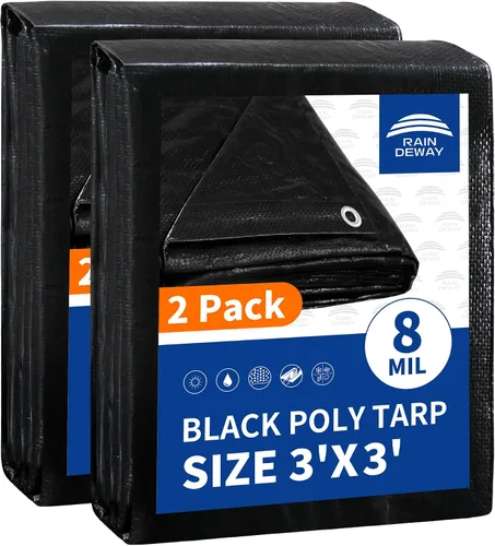 RAINDEWAY Lona pequeña negra de 3x3 pies (paquete de 2), resistente a los rayos UV, lonas polivalentes de resistencia media impermeables, lona para