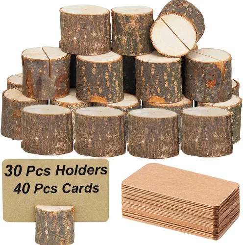 Toncoo Tarjeteros de madera para colocar en madera, 30 soportes rústicos de alta calidad para números de mesa y 30 tarjetas de mesa de papel de
