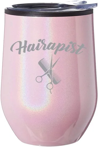 Vaso de vino sin tallo, taza de viaje de café con tapa, divertido para peluquería hairapista (purpurina iridiscente rosa)