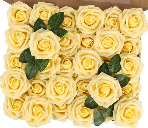 Miniatura 9 de MACTING 30 Rosas Artificiales Blancas Flores Falsas con Tallo Rosas de Espuma de Tacto Real para DIY Arreglos de Ramo de Boda Centros de Mesa White-1
