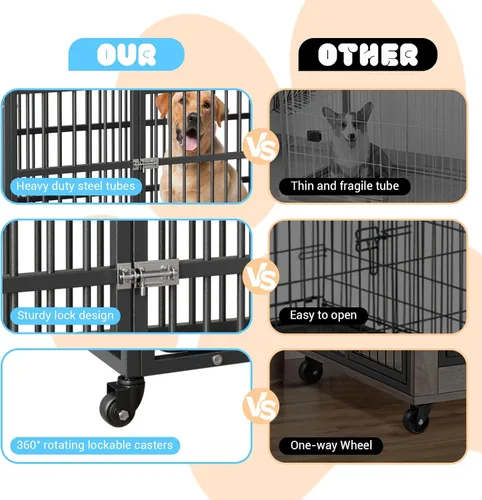 Miniatura 6 de 52-Inch Escape-Proof Dog Crate, Indestructible Steel Dog Kennel with Locking Wheels, Anxiety Relief Pet Cage for Medium/Large Dogs, Indoor/Outdoor