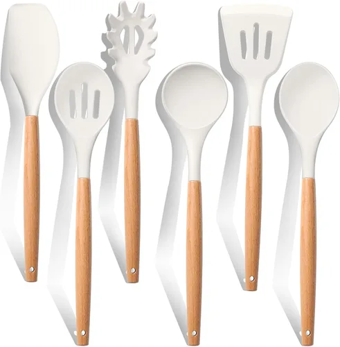 Miniatura 13 de E-far Juego de 6 utensilios de cocina de silicona con mango de madera, utensilios de cocina antiadherentes y resistentes al calor, incluye Gris