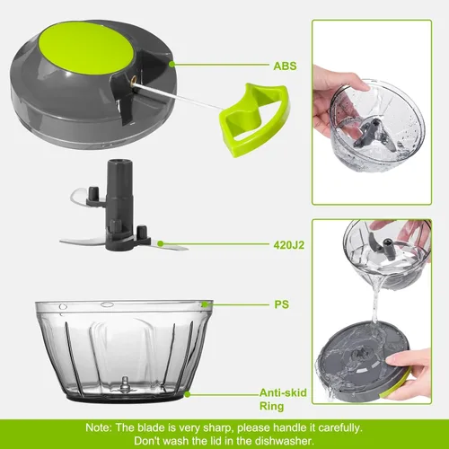Miniatura 8 de Procesador manual de alimentos, picador de verduras, cortador de cebolla portátil para verduras, jengibre, frutas, nueces, hierbas, etc., 16.9 fl oz