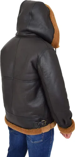 Miniatura 3 de Chaqueta voladora de piel de oveja real con capucha para hombre, color marrón, jengibre, piloto, B3, aviador, aviador, Hawker, Jengibre