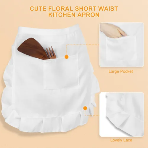 Miniatura 8 de Ciieeo Bonito delantal de cintura corta, bonito delantal de cintura retro blanco con volantes para mujer, disfraz de sirvienta de media cintura