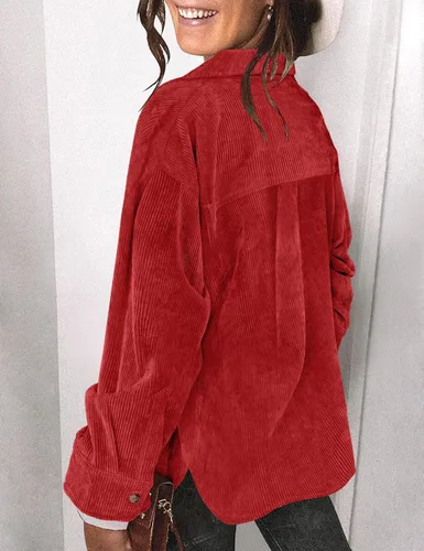 Miniatura 5 de Saslax Camisa de pana para mujer, de manga larga, con botones, cuello en V, holgada, chaqueta