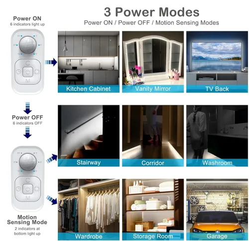 Miniatura 5 de Luces con sensor de movimiento para debajo del gabinete: tira de luces LED enchufables para interiores con adaptador de corriente, atenuador