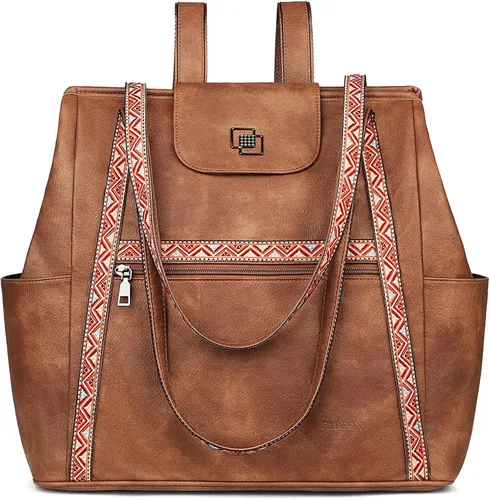 Miniatura 9 de FADEON Bolso Grande para Laptop de Cuero para Mujer, Bolso de Mano de Diseño, Mochila de Viaje a la Moda, Bolso de Hombro 1 estilo retro marrón