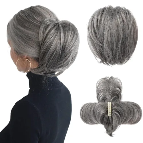 Miniatura 14 de HOOJIH - Pieza de cabello con moño desordenado, clip de garra en moño de cabello liso de 9 pulgadas, extensión de cola de caballo corta con alambre