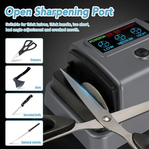 Miniatura 3 de Afilador de cuchillos eléctrico 5 en 1 con abrasivos 100% diamante, variable de 3 velocidades con pantalla LCD para cuchillas de césped dentadas