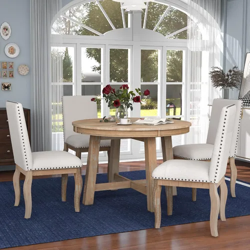 Miniatura 11 de Farmhouse - Juego de mesa de comedor de 5 piezas, mesa de comedor redonda extensible con 4 cómodas sillas tapizadas, juego de muebles funcionales