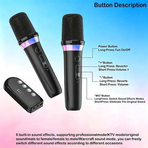 Miniatura 8 de Micrófono de karaoke para automóvil, micrófono dinámico recargable de mano dual con receptor auxiliar de entrada y salida de 0.138 in, micrófono