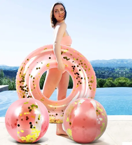 Miniatura 5 de Mozlly Paquete de pelotas de playa inflables de oro rosa y tubo de flotador de piscina, flotador de piscina y bola de playa con purpurina