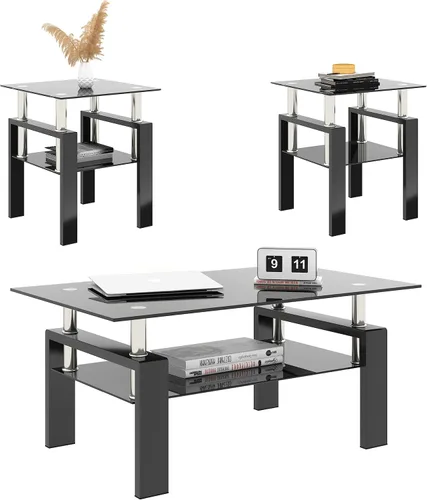 Miniatura 10 de Juego de 3 mesas auxiliares y mesa auxiliar de cristal, diseño clásico de 2 niveles, parte superior de vidrio templado y patas de metal sólido, uso
