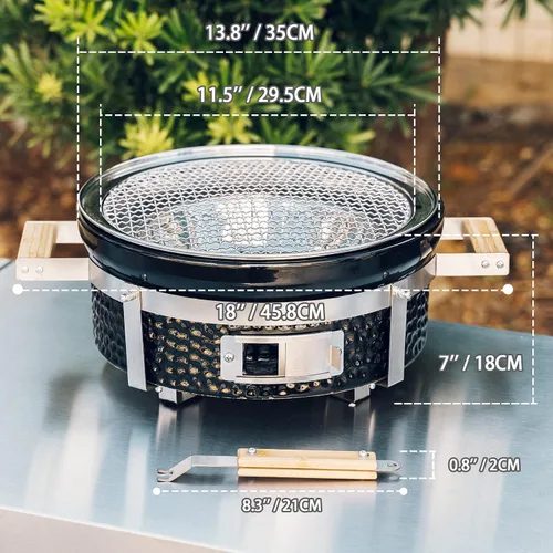 Miniatura 5 de ONLYFIRE GRILLS Parrilla de carbón Hibachi de cerámica con elevador de rejilla, parrilla Yakitori portátil de 14 pulgadas con rejilla de acero