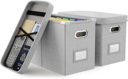 Miniatura 18 de Oterri Caja de archivos colgante con bolsillo de malla, caja organizadora de archivos con tapa, caja organizadora de documentos plegable