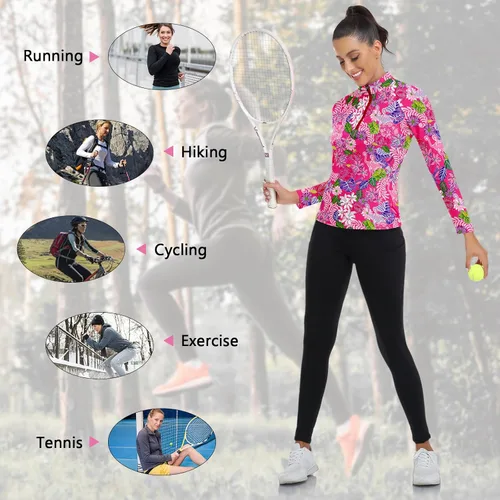 Miniatura 45 de WOWENY Camiseta deportiva de manga larga para mujer, con cremallera de un cuarto, cuello para entrenamiento, camiseta de tenis con estampado