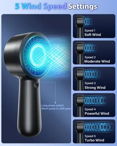 Miniatura 4 de Ventilador de mano portátil, pequeño ventilador de mano turbo personal, potente, refrescante, cordón, recargable por USB, 5 velocidades, maquillaje