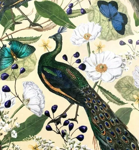 Miniatura 2 de The Meter - Tela de terciopelo de pavo real, color crema, material de costura floral de lujo, por yarda, estampado de pájaros, patrón de flores