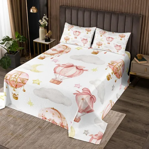 Miniatura 18 de Manfei Lindo pingüino para niños, tamaño individual, juego de colcha de princesa con lazo rosa con globo aerostático, decoración de habitación