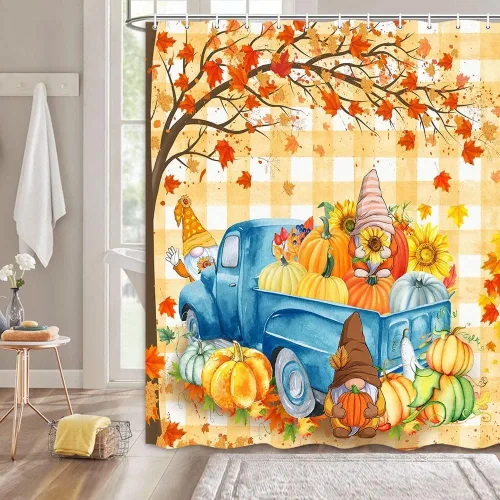 Miniatura 7 de Cortina de ducha a cuadros de búfalo naranja, decoración de otoño, lindos gnomos en camión verde azulado retro, cortina de ducha de calabaza