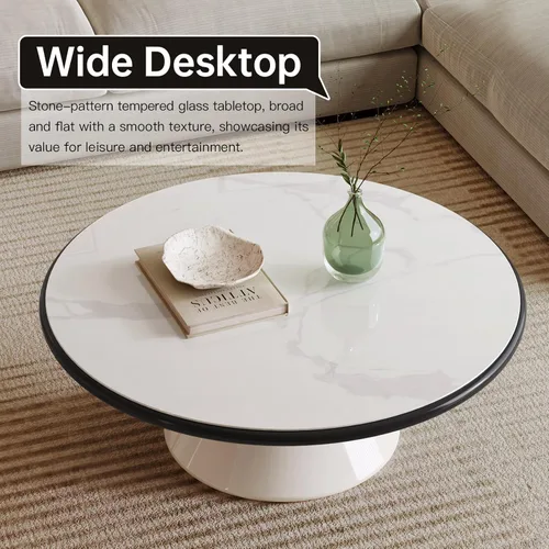 Miniatura 4 de Mesa auxiliar redonda con aspecto de mármol sintético, mesa central blanca con pedestal estable, mesa de comedor moderna de vidrio templado