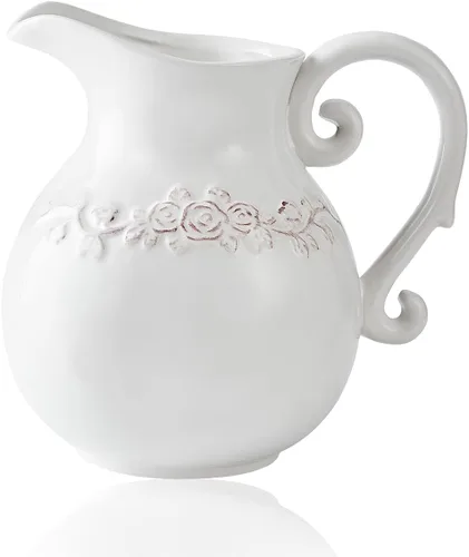 Jarrón de Cerámica Blanco con Flor, Jarra de Cerámica de Granja para Decoración del Hogar, 18.5 cm de Altura.
