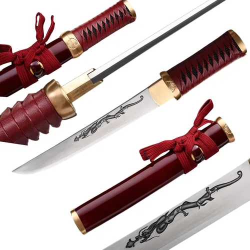 Miniatura 10 de Hoja de crisantemo japonesa real hecha a mano tanto corta katana samurái real de 13 pulgadas 1065 hoja de acero de resorte de acero de espiga