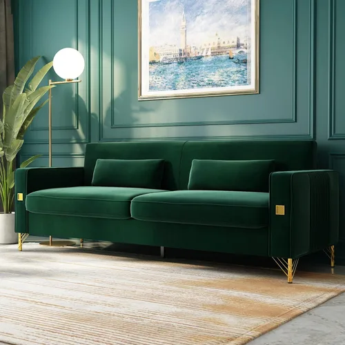 Miniatura 11 de Sofá Chesterfield de terciopelo de 85 pulgadas, moderno de mediados de siglo, cómodo sofá con almohadas para sala de estar, dormitorio, muebles