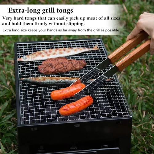 Miniatura 5 de IMAGE Accesorios de barbacoa de madera, herramientas de barbacoa de acero inoxidable, juego de utensilios de parrilla para parrilla al aire libre