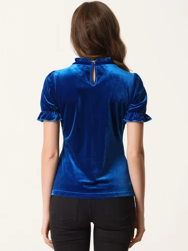 Miniatura 3 de Allegra K Camisa navideña con cuello de volantes para mujer, blusa de terciopelo de manga corta
